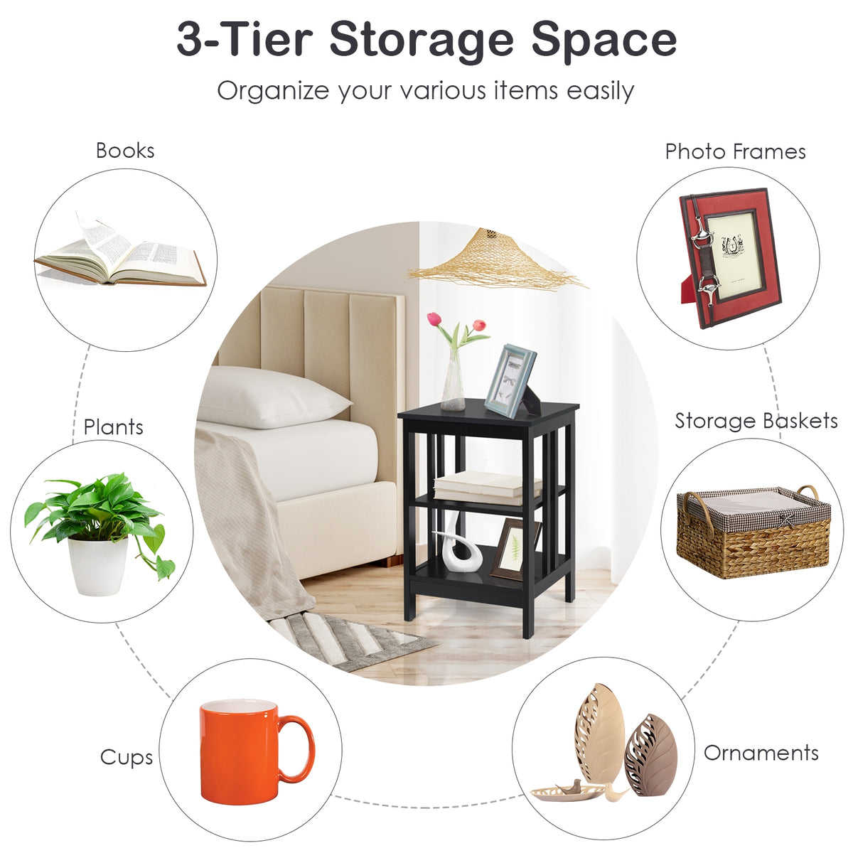 3-Tier Nightstand Sofa Side Table - Black