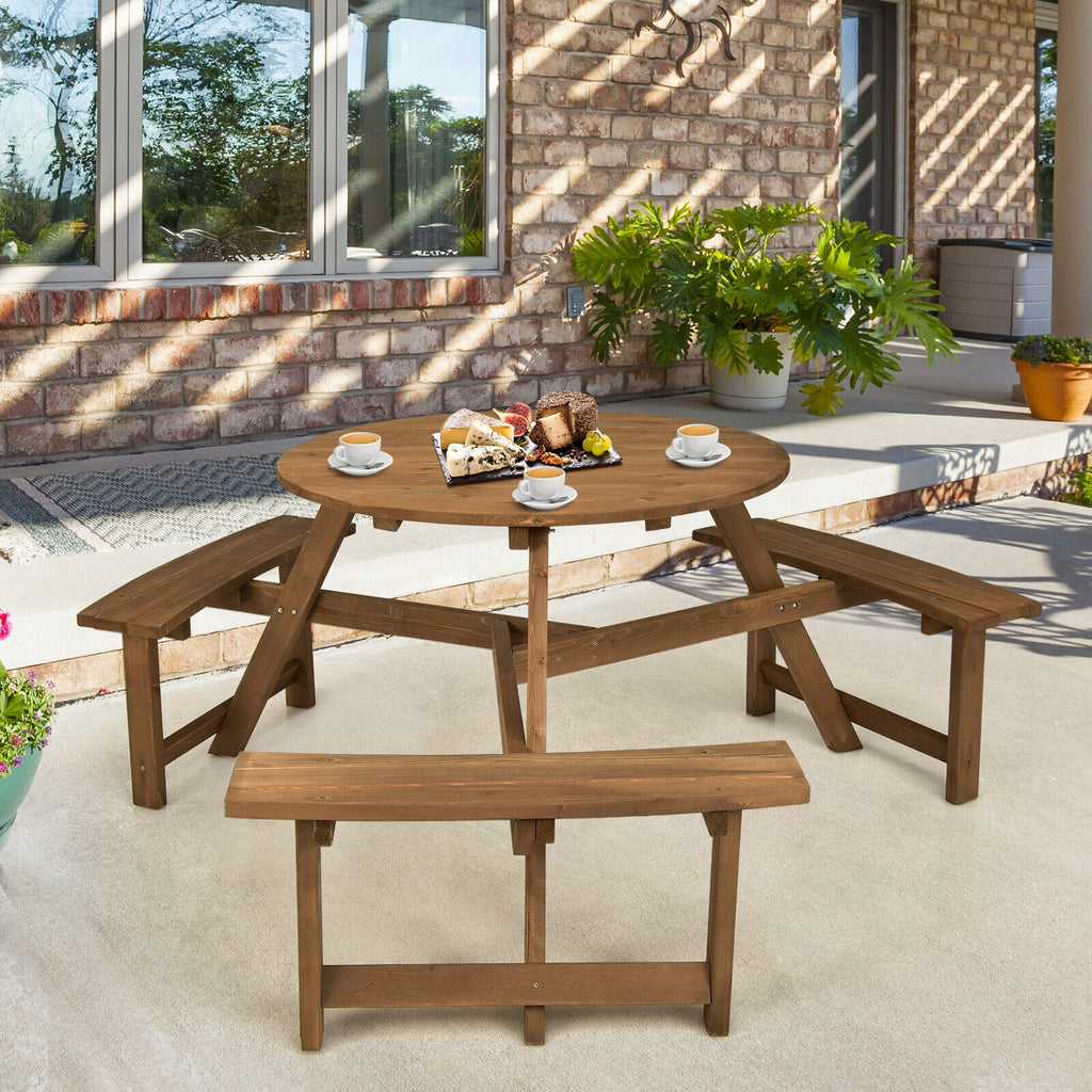 6-person Round Wooden Picnic Table with Umbrella Hole and 3 Built-in