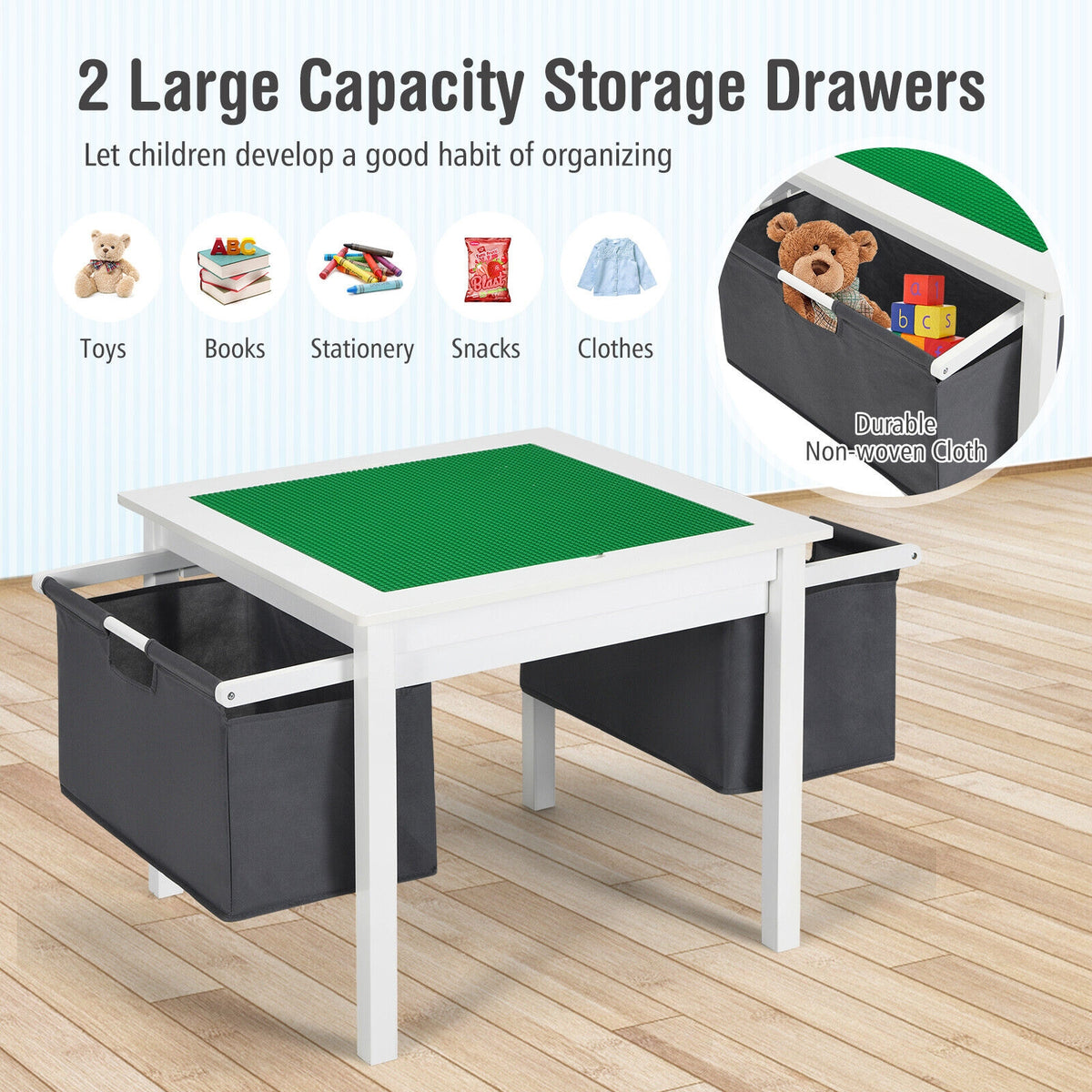 White 2-in-1 Kids Double-Sided Activity Building Block Table with Drawers