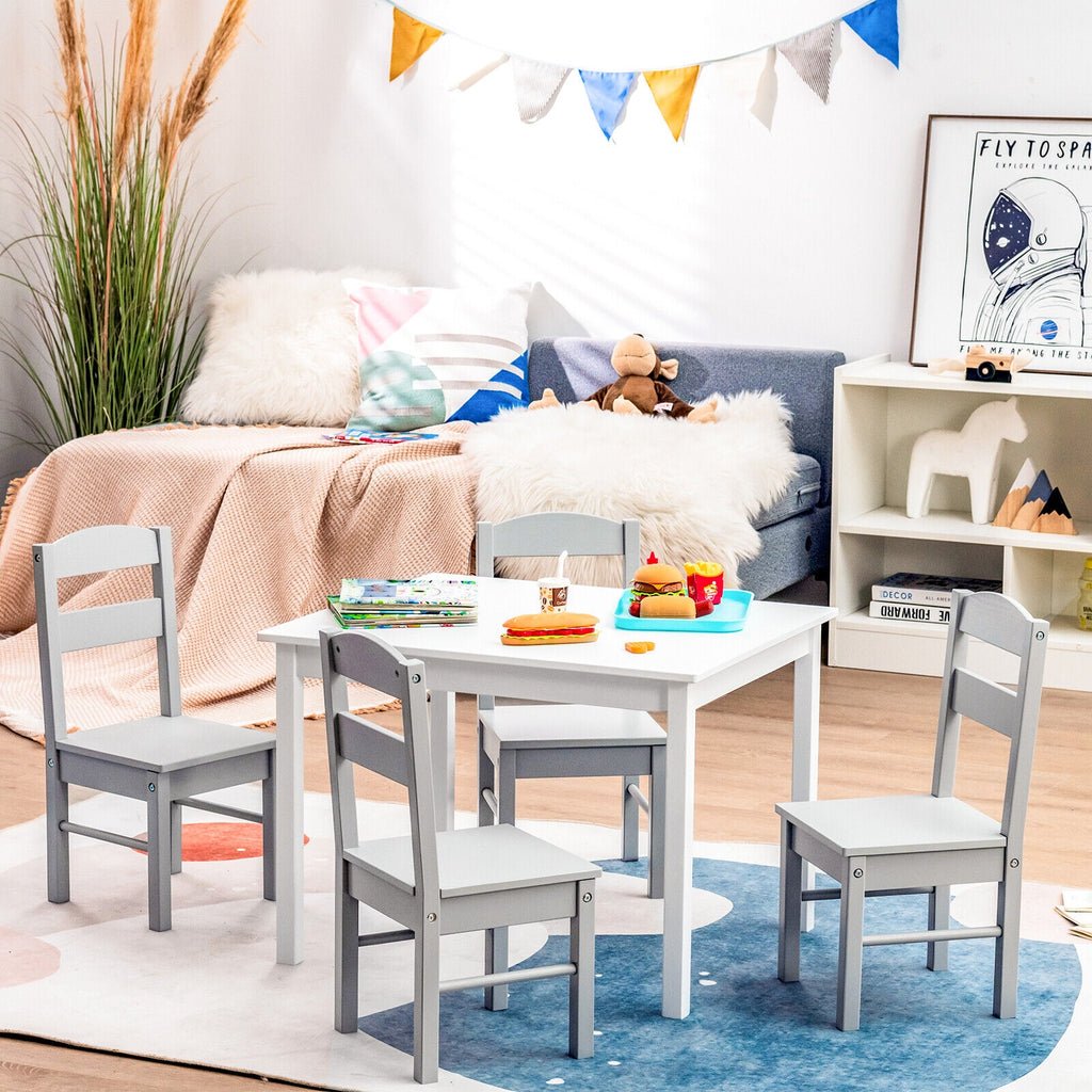 Kids Wooden 5-Piece Table and Chair Set - Rectangular White Playroom Furniture