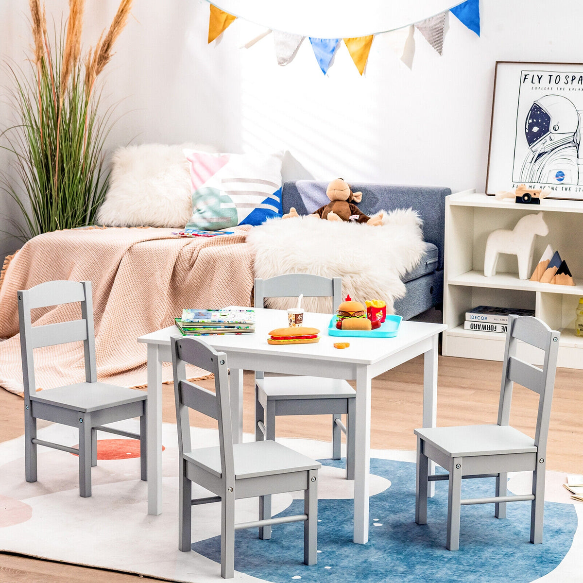 Kids Wooden 5-Piece Table and Chair Set - Rectangular White Playroom Furniture