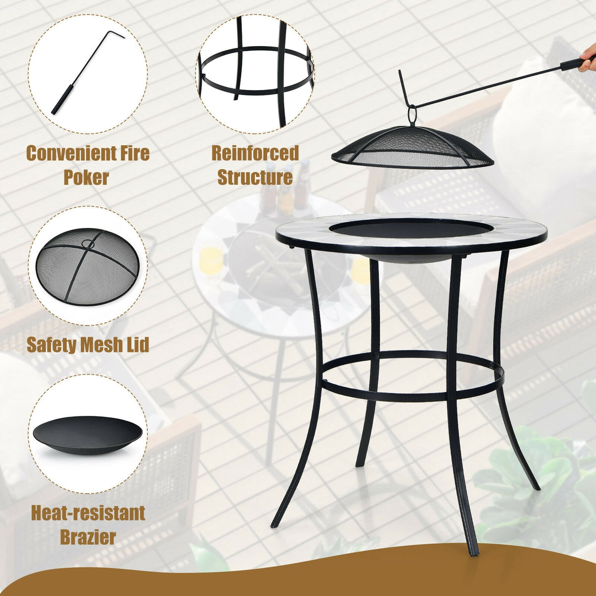 23.5 Inches Round Fire Pit Table with Mesh Cover and Poker