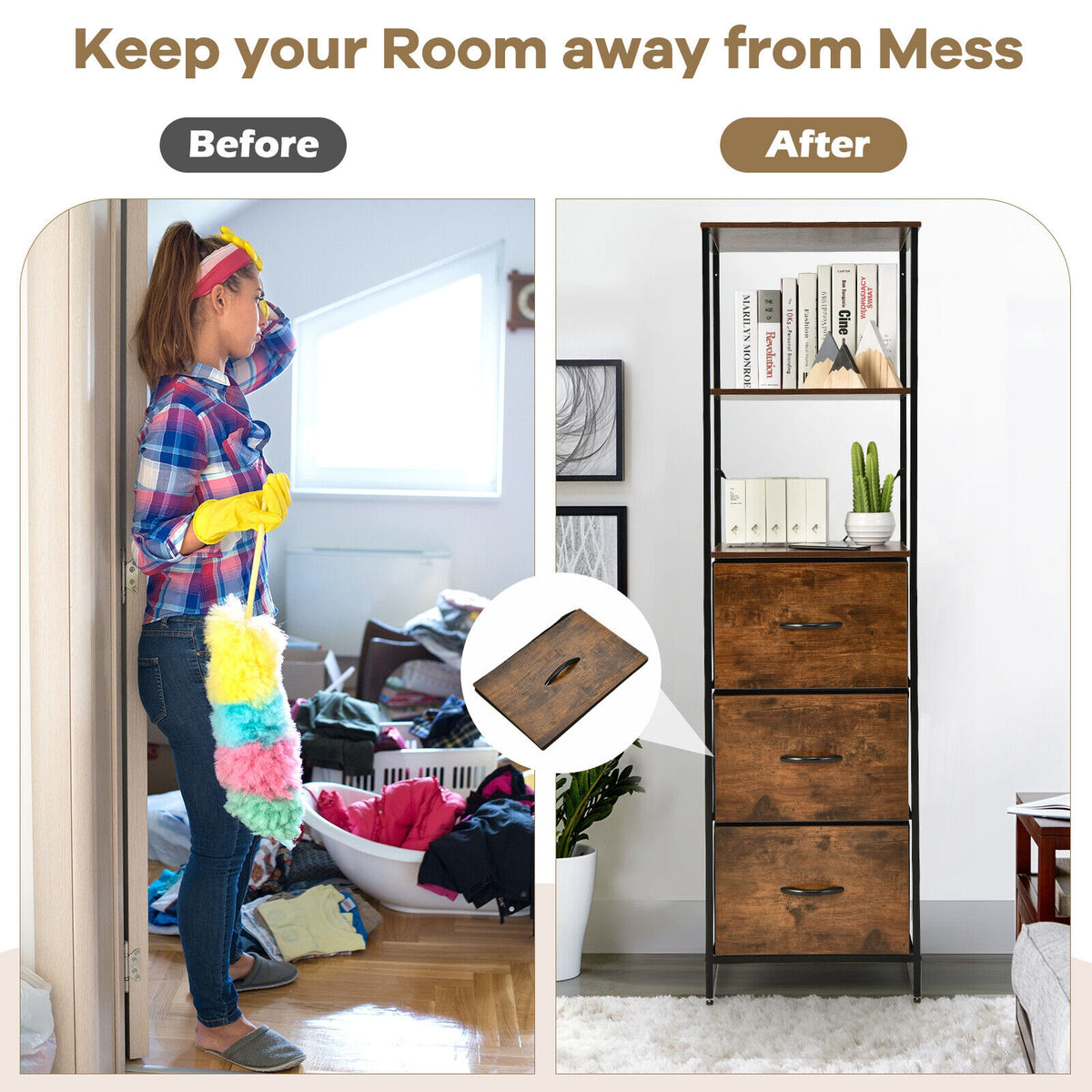 Tall Storage Rack Bookshelf with 3 Folding Drawers and Shelves