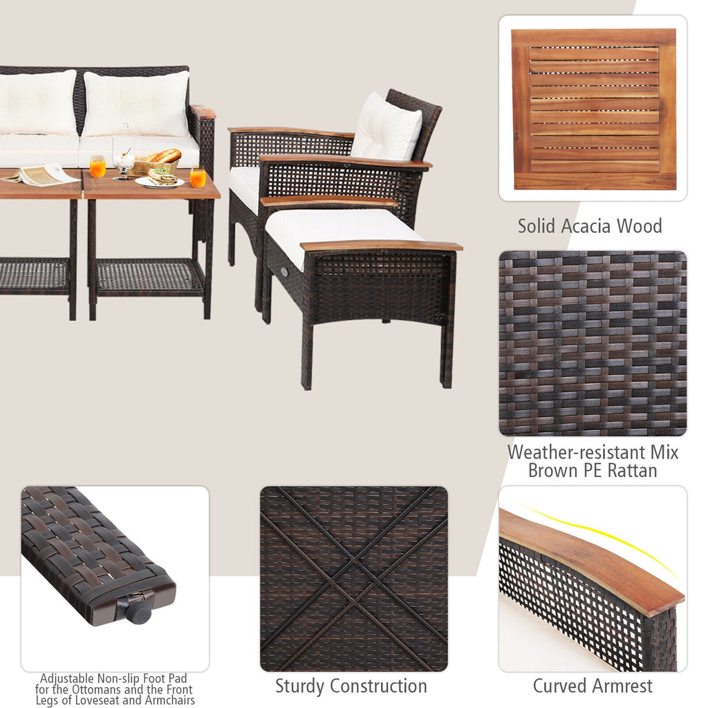 7-Piece Patio Rattan Conversation Set - Loveseat, 2 Chairs, 2 Ottomans, 2 Coffee Tables