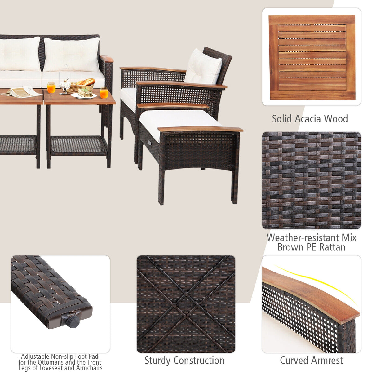 7-Piece Patio Rattan Conversation Set - Loveseat, 2 Chairs, 2 Ottomans, 2 Coffee Tables