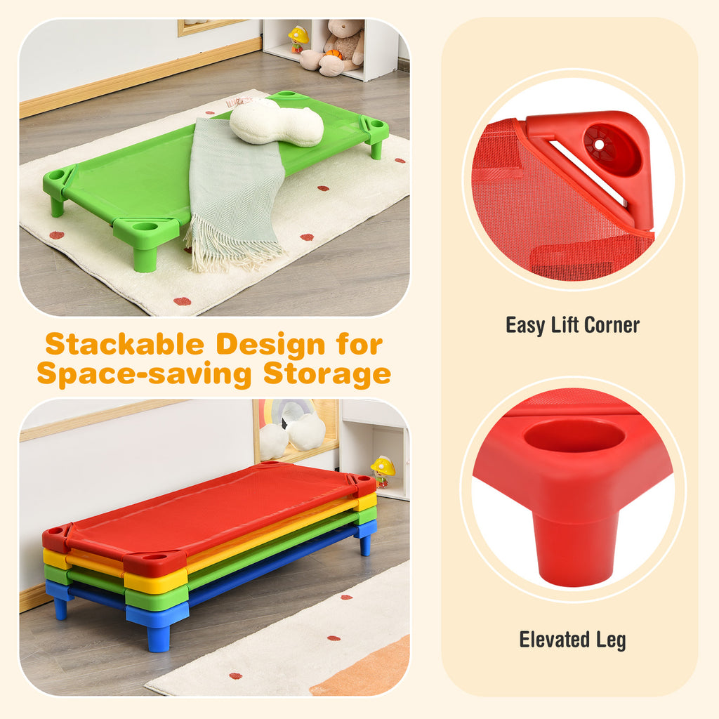 Kids Stackable Naptime Cot Set of 4 - 51 Inches, Colorful, Space-Saving Bed Frames
