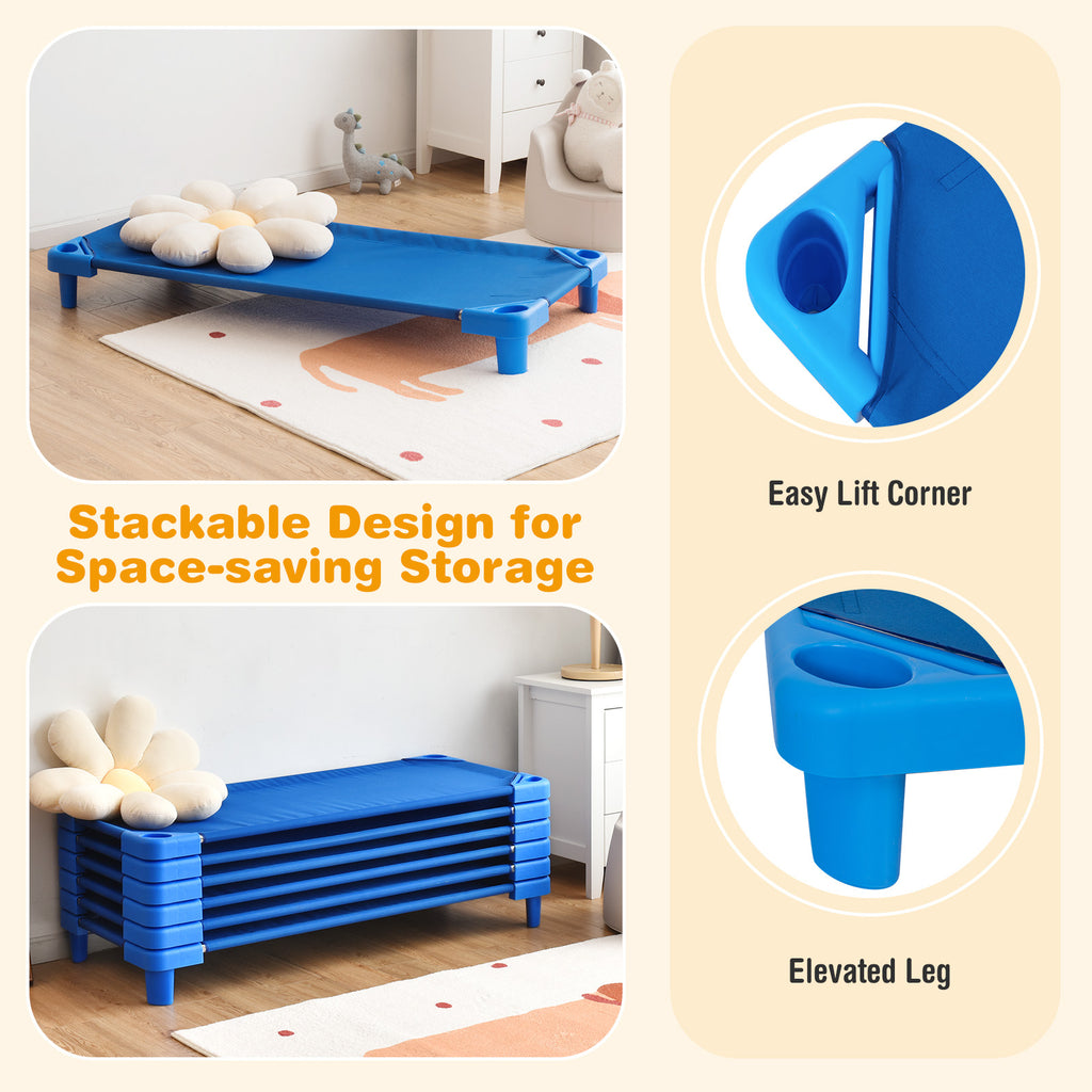 Kids Stackable Daycare Cot Set of 6 - 51 Inches, Blue, Detachable Oxford Cloth
