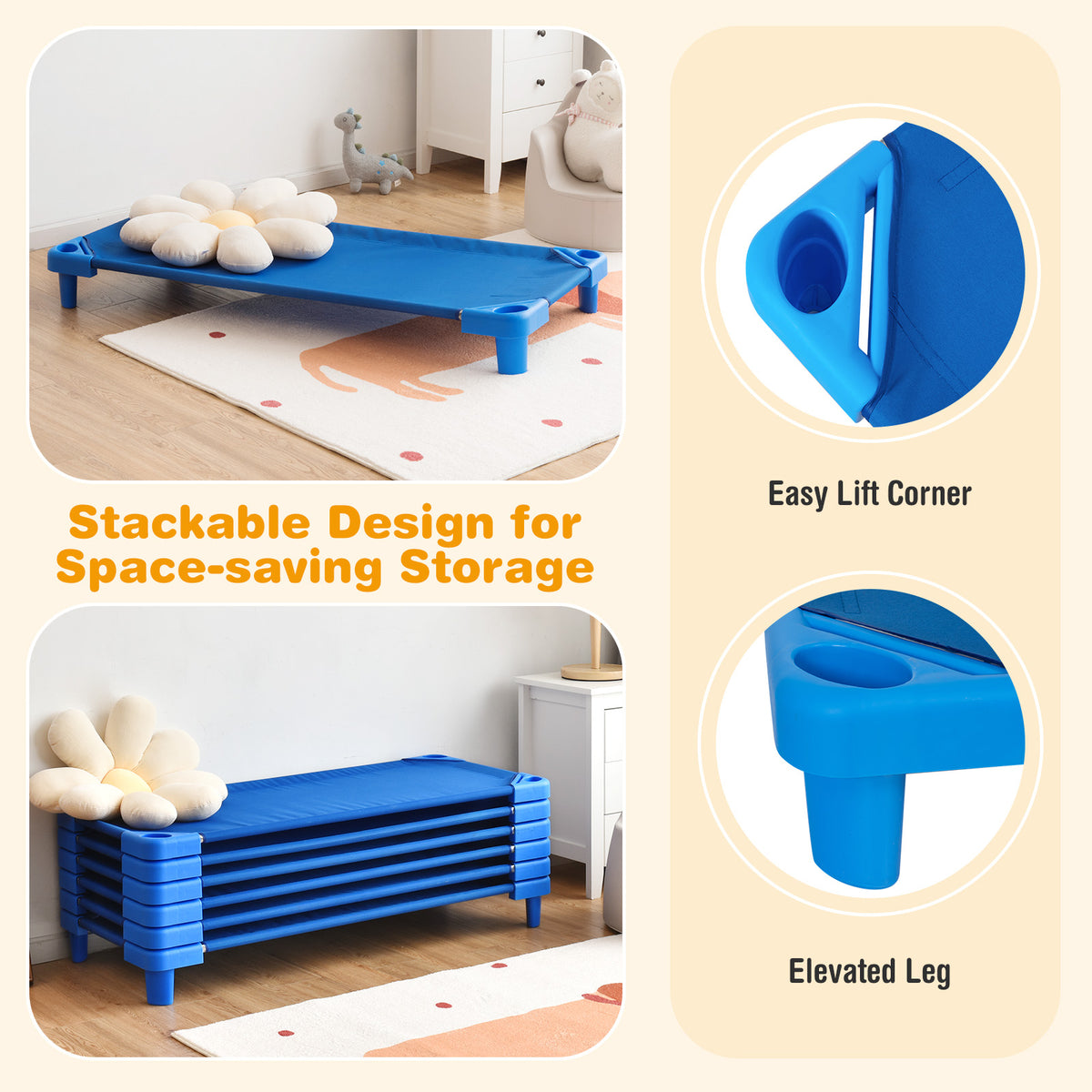 Kids Stackable Daycare Cot Set of 6 - 51 Inches, Blue, Detachable Oxford Cloth