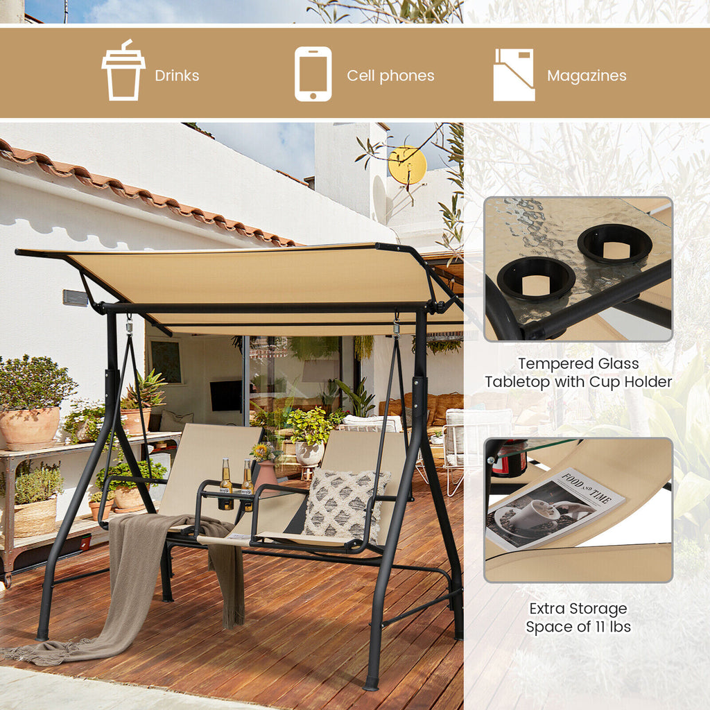 2-Seat Outdoor Cushioned Porch Swing with Adjustable Canopy and