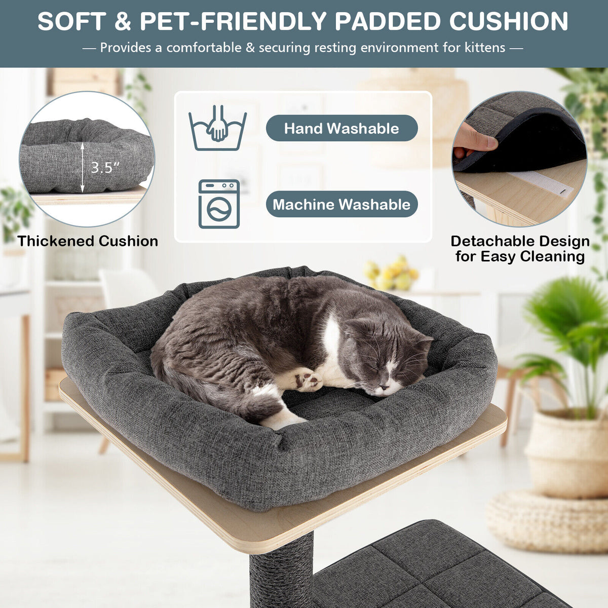 5-Tier Modern Wooden Cat Tower with Washable Cushions - Gray, 5-Layer