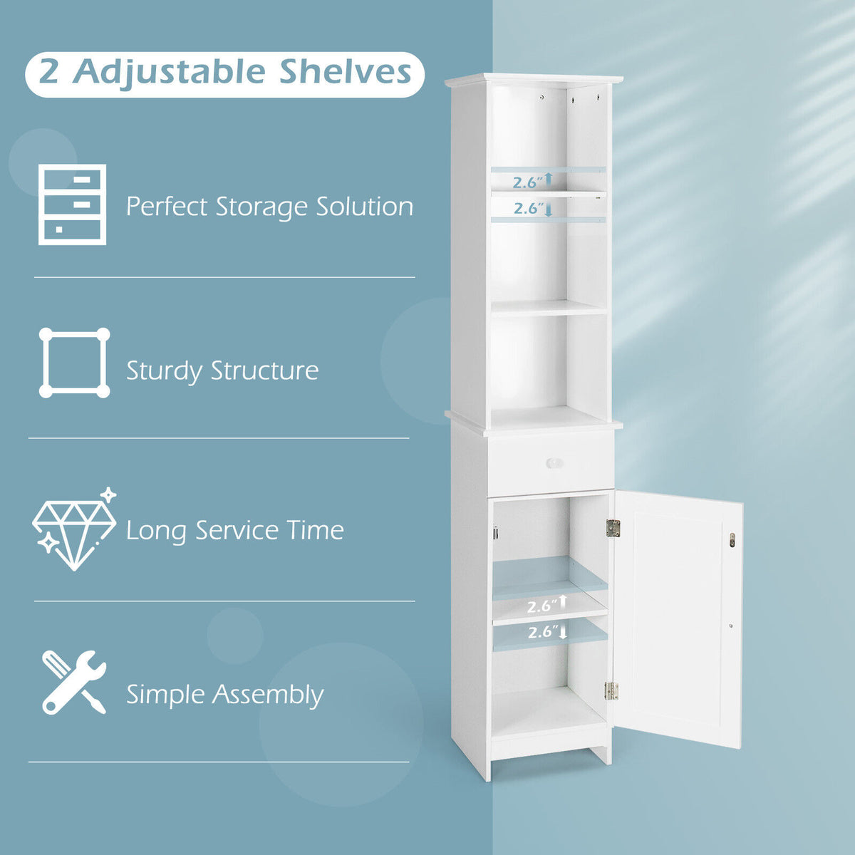 Bathroom Tall Freestanding Storage Cabinet with Open Shelves and