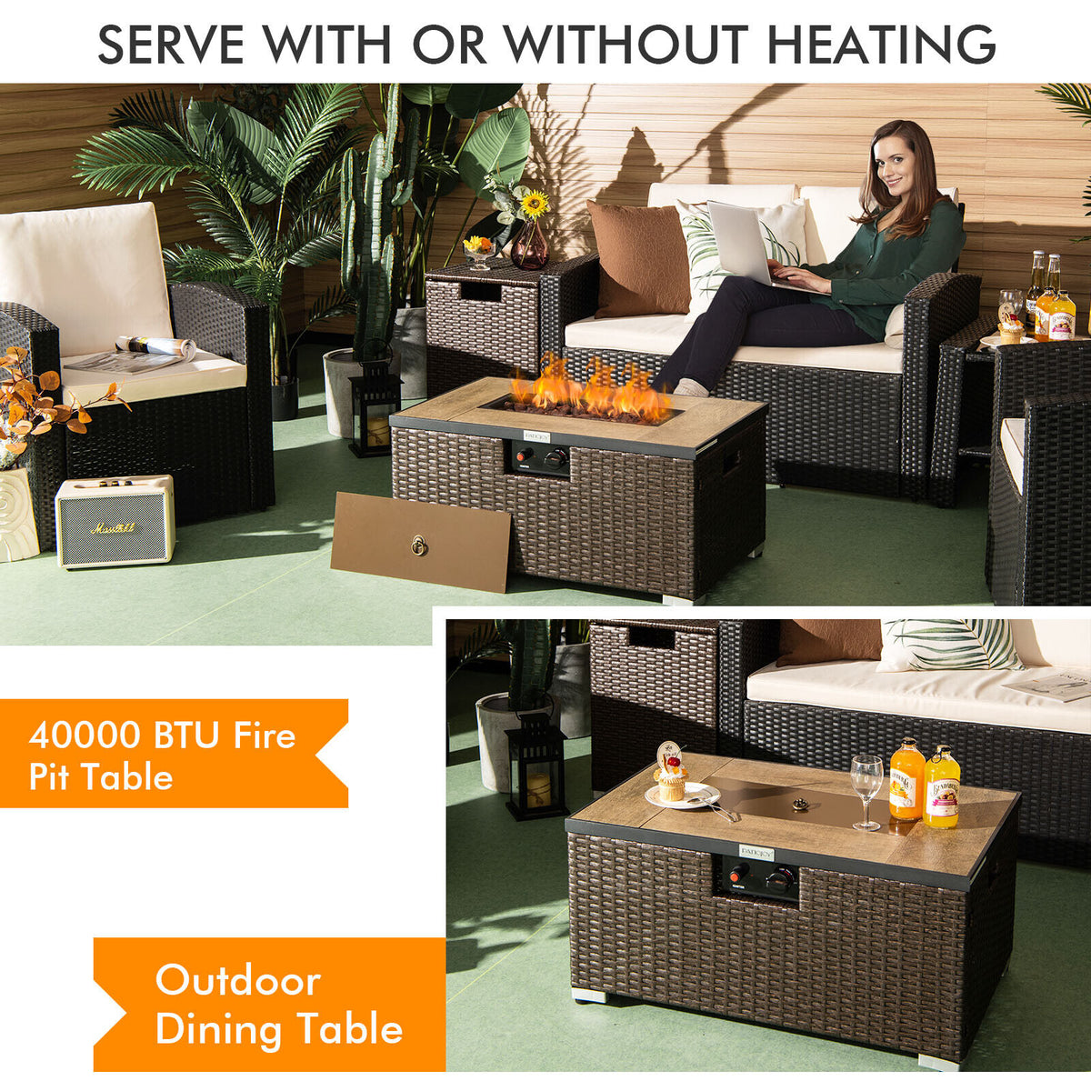 32 x 20 Inch Propane Rattan Fire Pit Table Set with Side Tank and