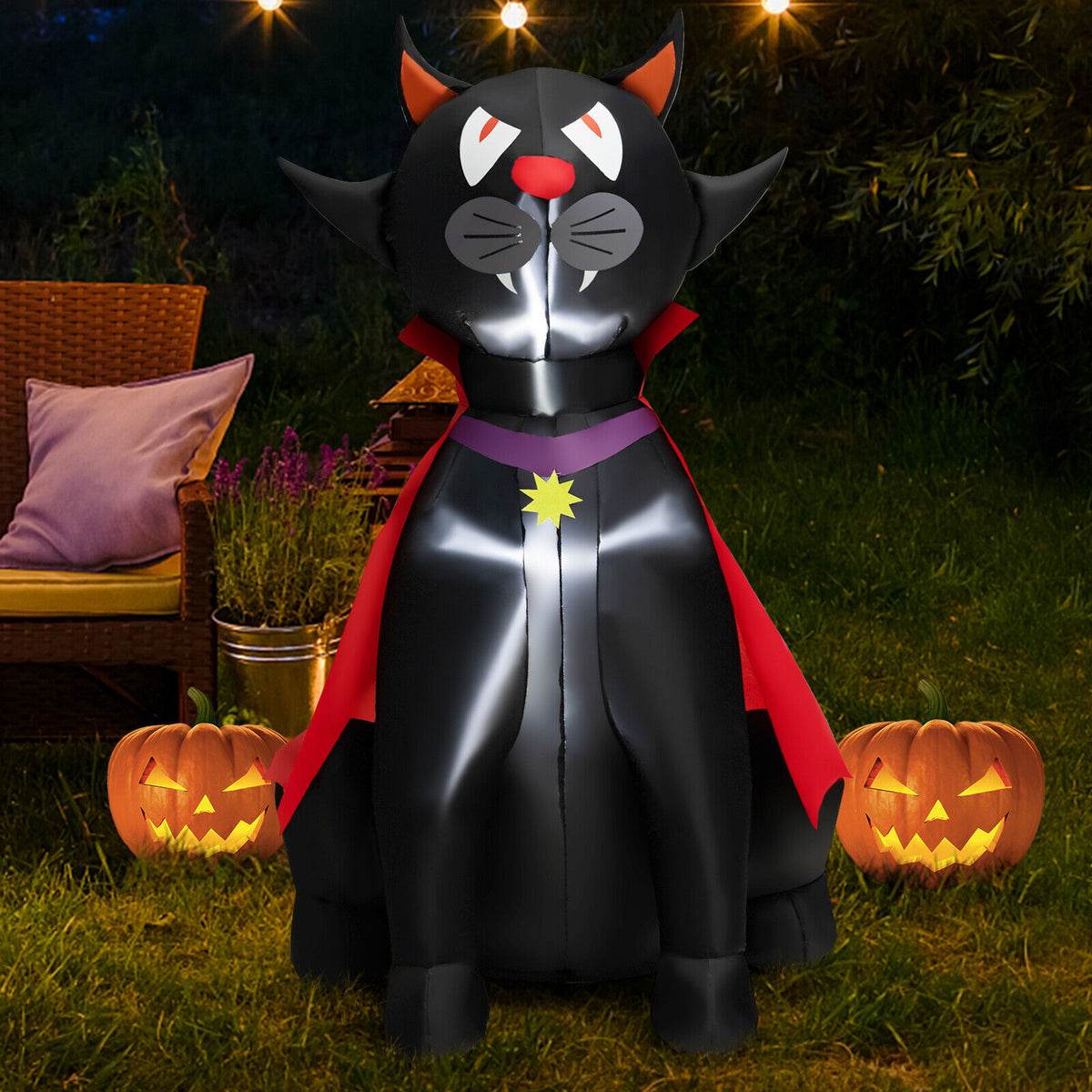 Halloween Inflatable Vampire Cat with Red Cloak - 4.7 Feet Outdoor Decoration