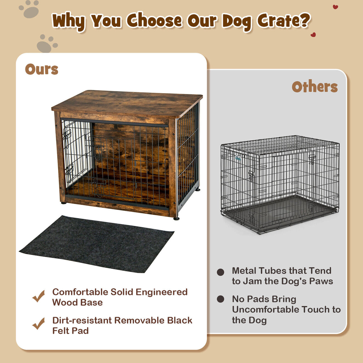 Wooden Dog Crate Furniture with Double Door & Tray - Brown