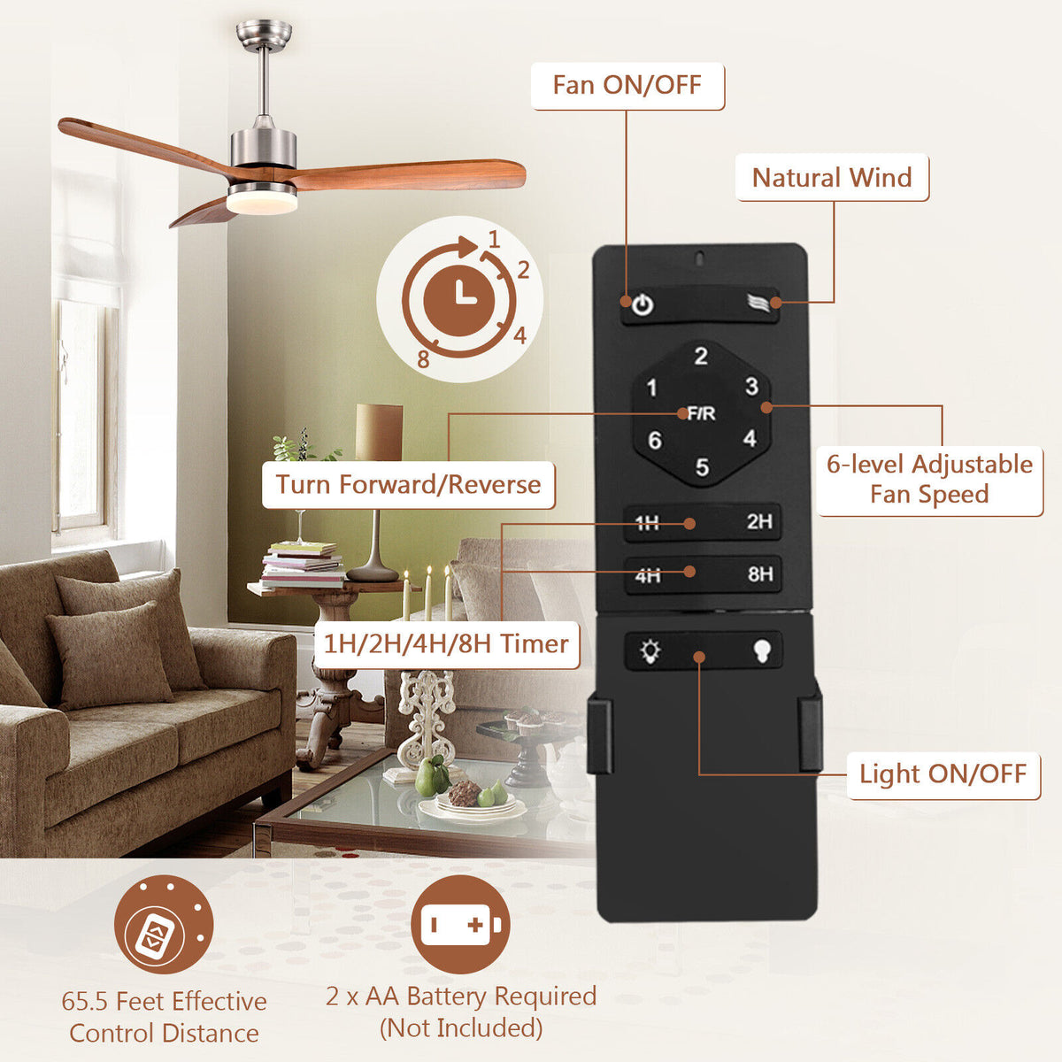 52 Inch Reversible Ceiling Fan with LED Light and Adjustable Temperature - Silver