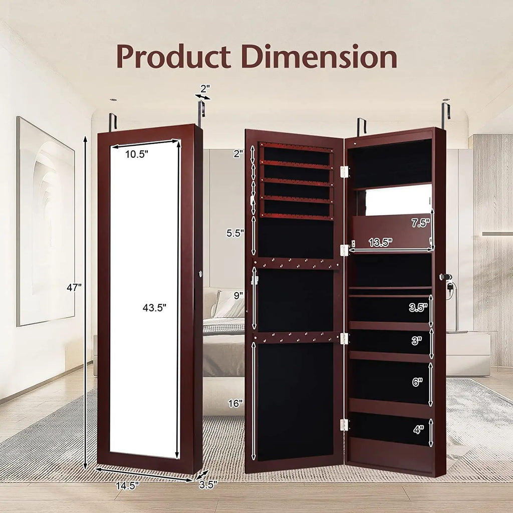Lockable Wall-Mounted Jewelry Cabinet with LED Lights - Brown