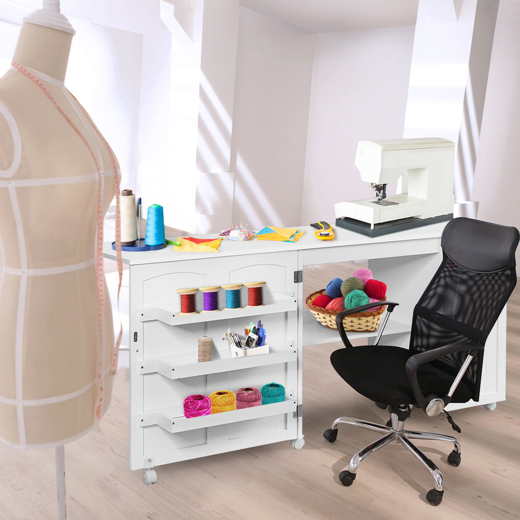 Folding Sewing Table with Storage Shelves and Lockable Casters - White