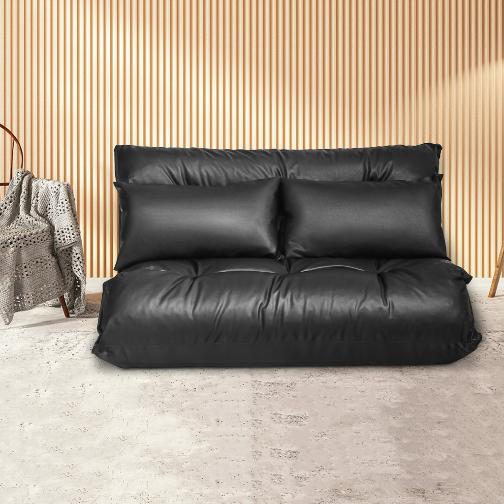 Foldable PU Leather Floor Sofa Bed with Pillows - Black