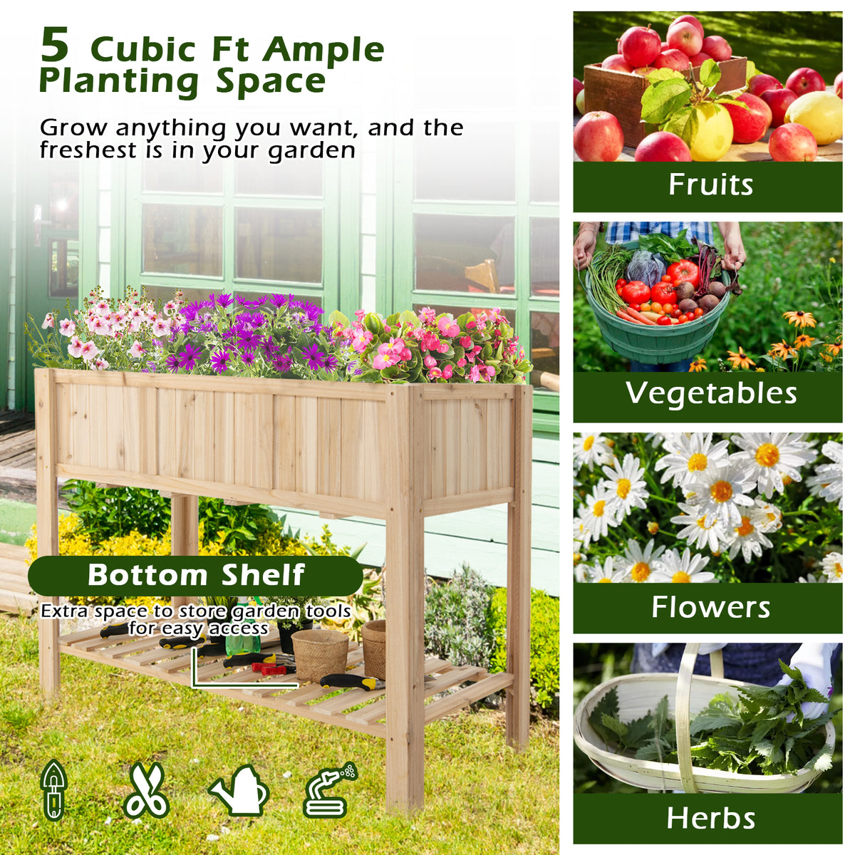 47 Inch Wooden Raised Garden Bed with Bottom Shelf and Liner