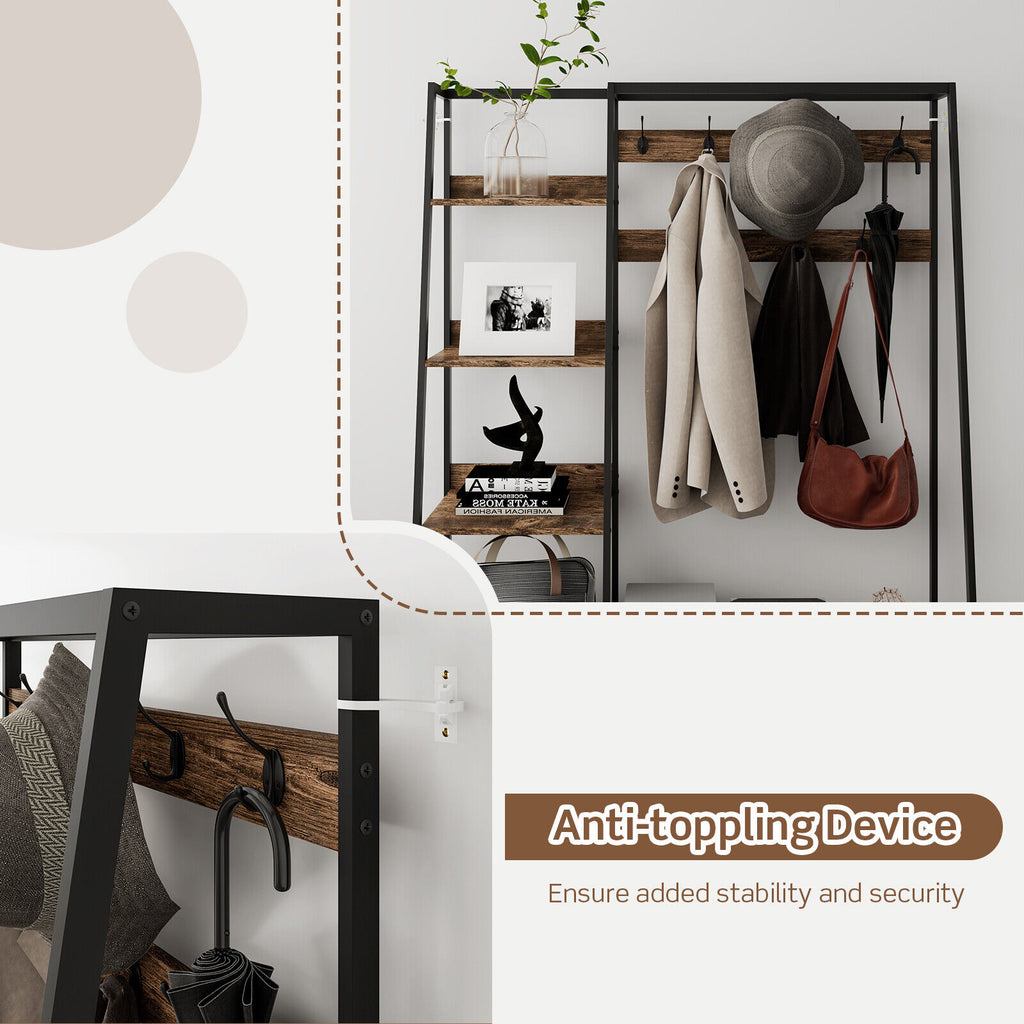 Hall Tree Coat Rack with Bench & Storage - Rustic Brown