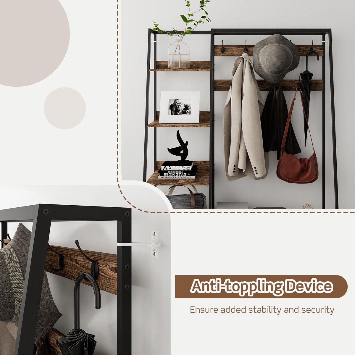 Hall Tree Coat Rack with Shoe Bench & Storage - Rustic Brown
