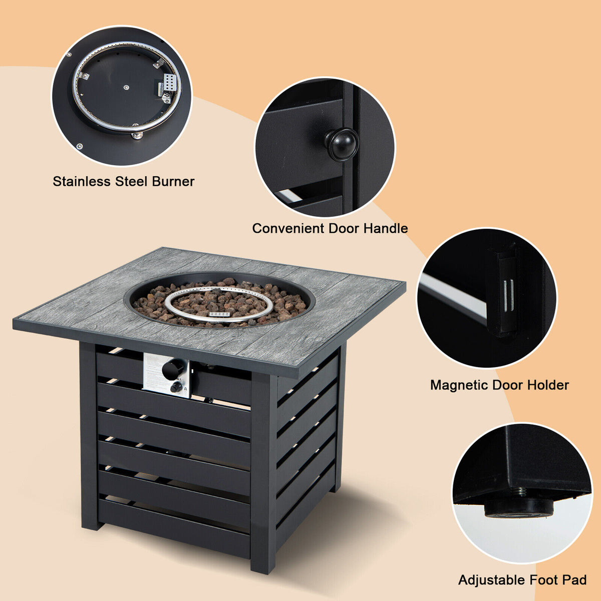 Square Propane Fire Pit Table with Lava Rocks & Cover