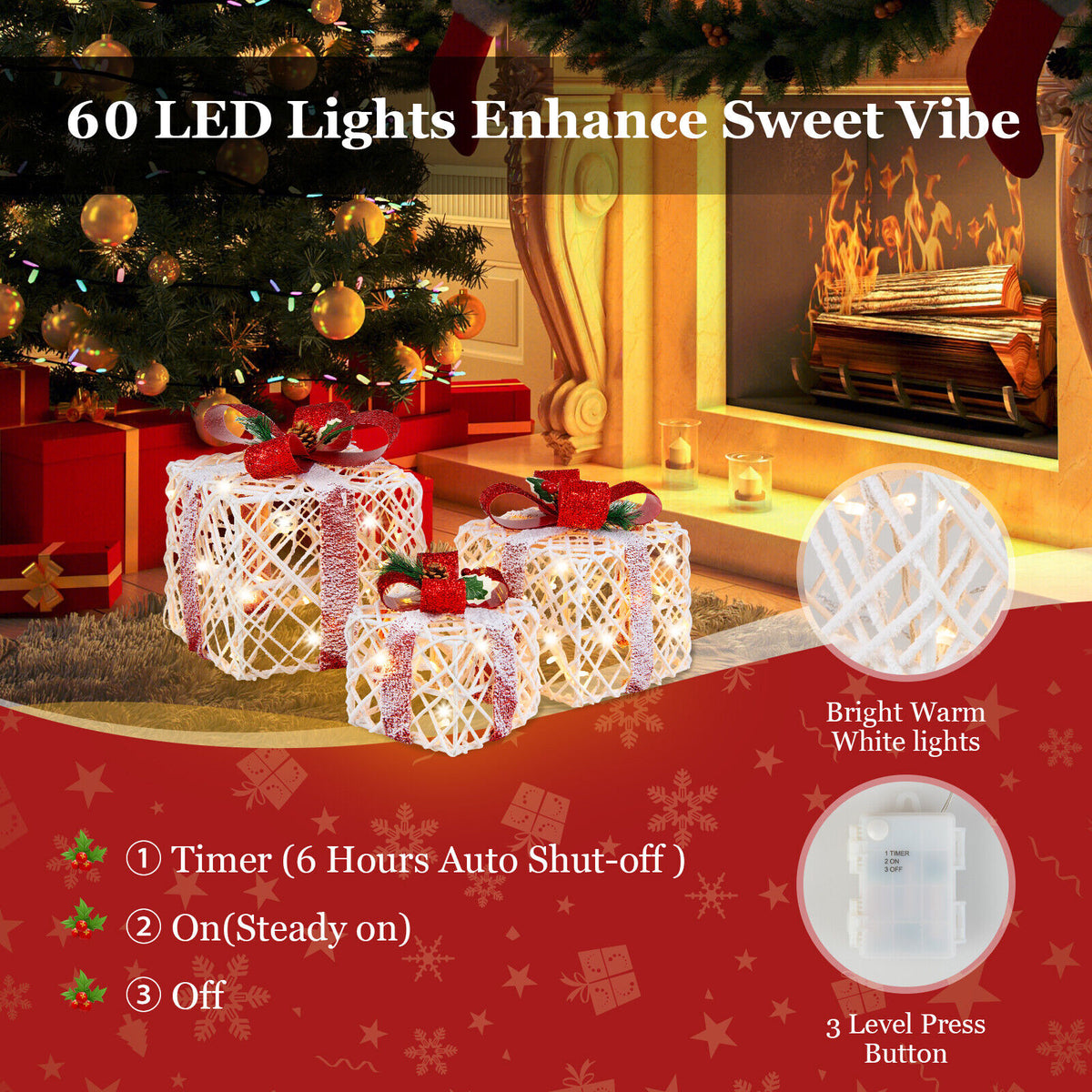 Set of 3 Lighted Christmas Gift Boxes Decorations with Red Bows - Indoor Outdoor Holiday Decor