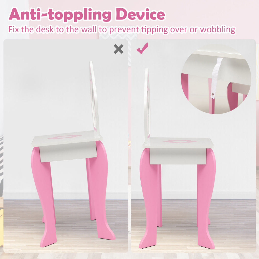 White 2-in-1 Toddler Vanity Set with Detachable Mirror and Flower Pattern