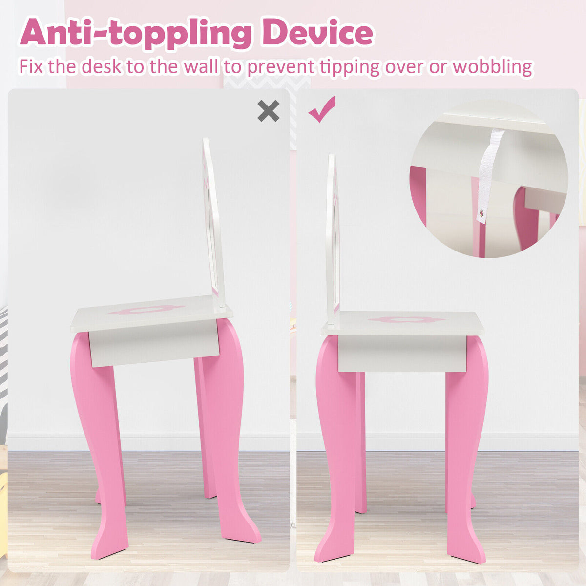 White 2-in-1 Toddler Vanity Set with Detachable Mirror and Flower Pattern