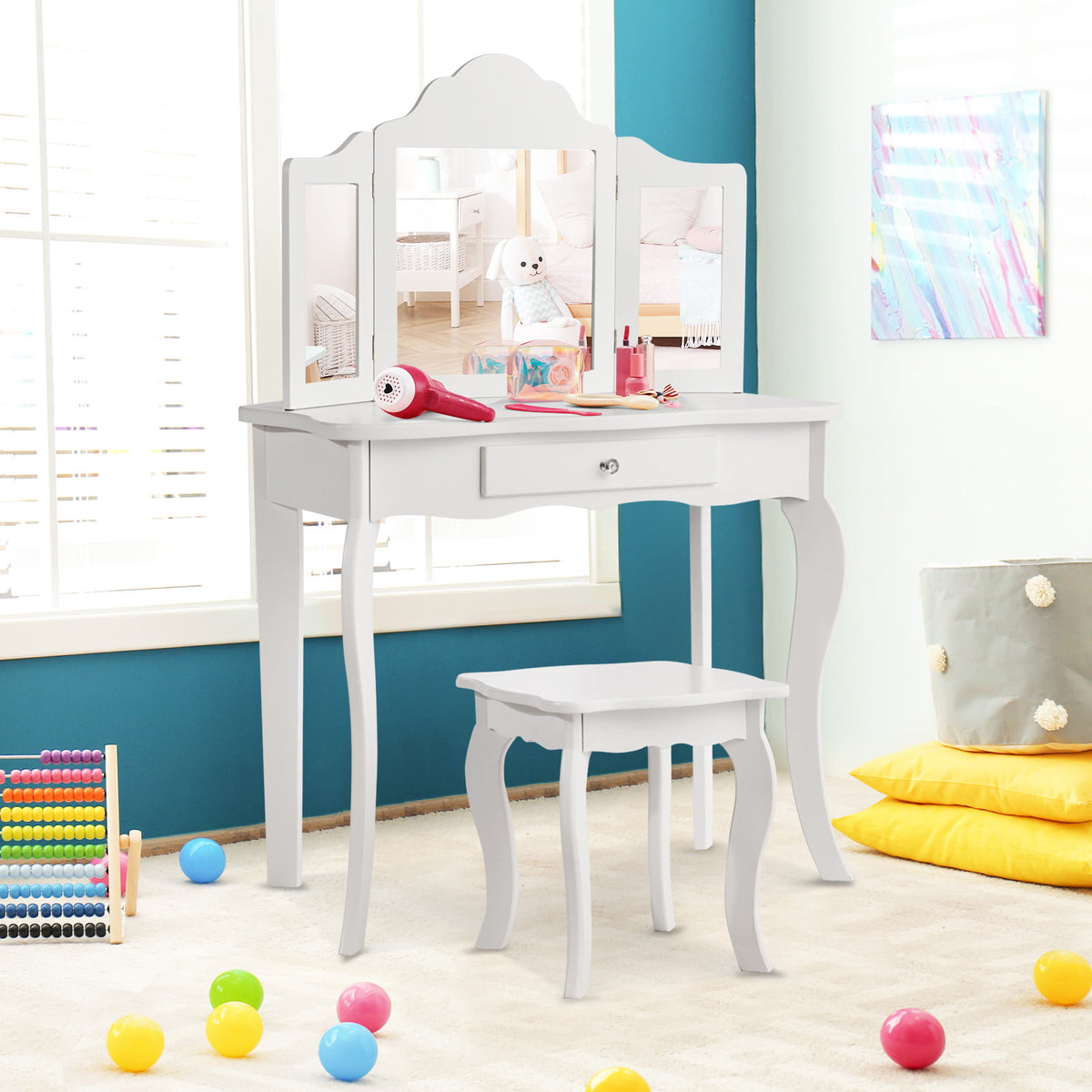 Kids Dressing Vanity Set with Detachable Mirror and Stool - White, No Lights