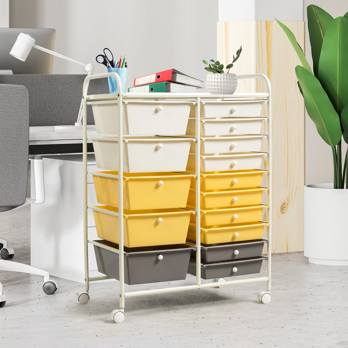 15-Drawer Rolling Utility Cart with Wheels - Yellow