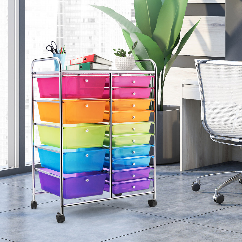 15-Drawer Rolling Utility Cart, Transparent Multicolor