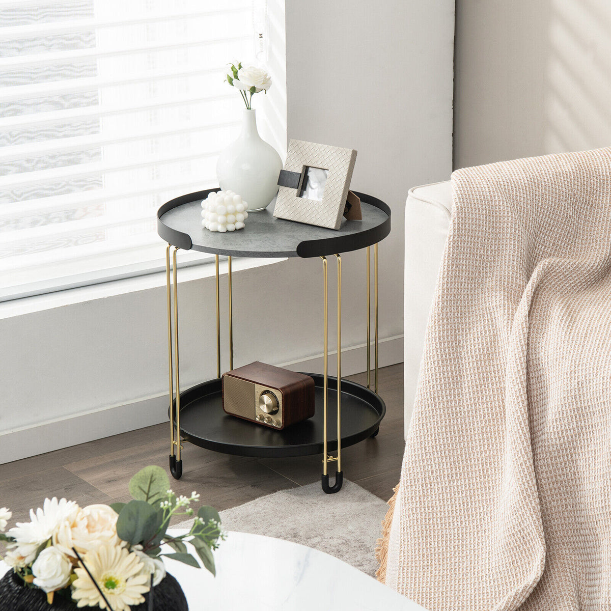 2-Tier Round Side Table with Removable Tray - Golden