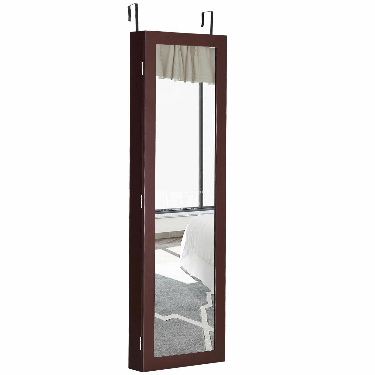 Wall-Mounted Jewelry Cabinet with Mirror & Storage Shelves - Dark Brown