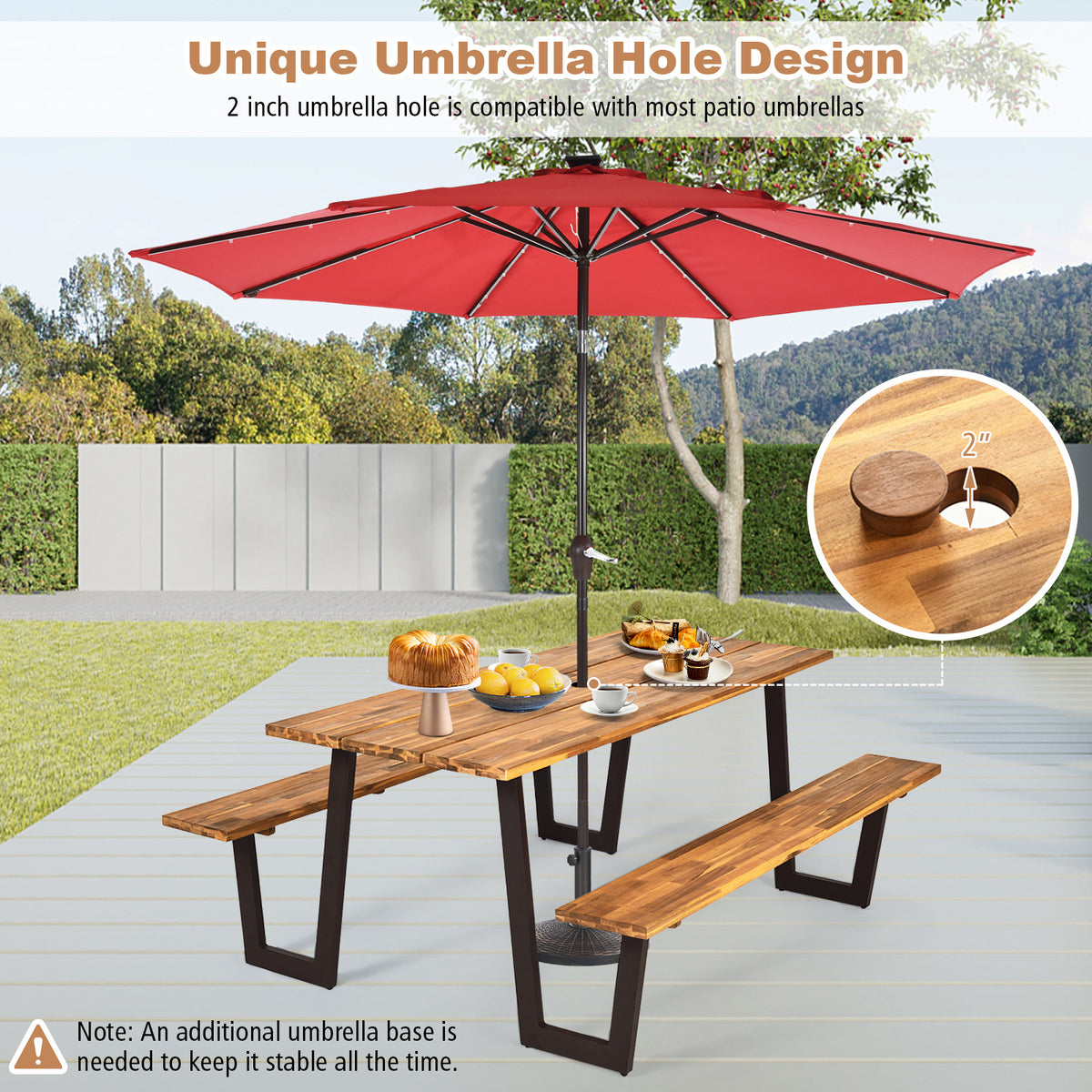 Patented 70 Inch Dining Table Set with Seats and Umbrella Hole