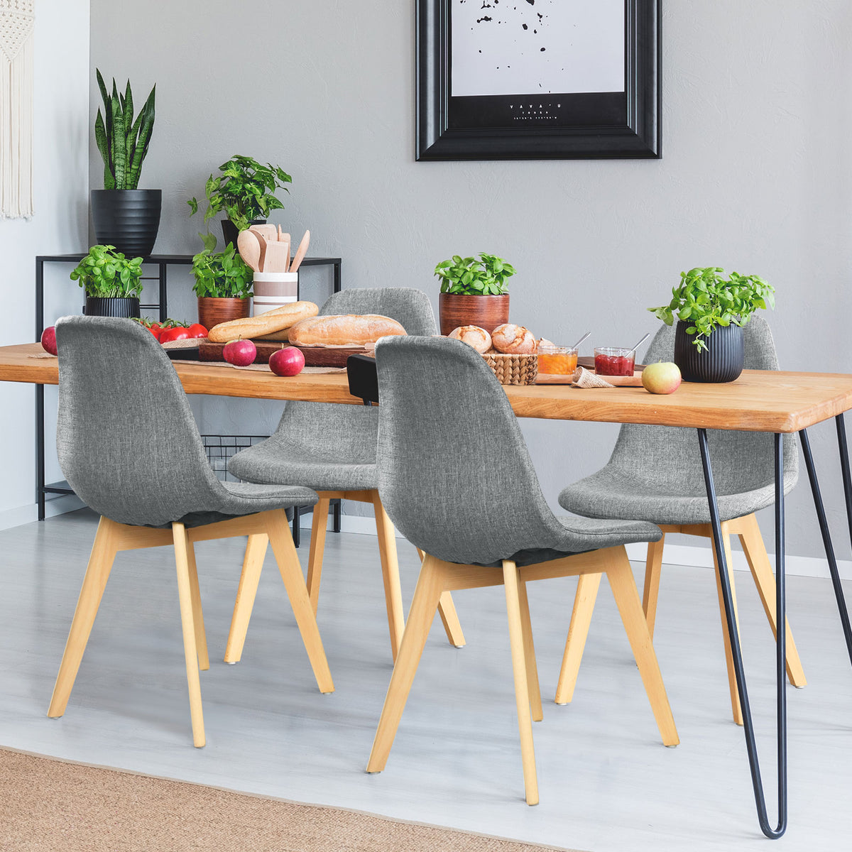 Modern Dining Chair Set of 4 – Wood Legs & Fabric Cushion