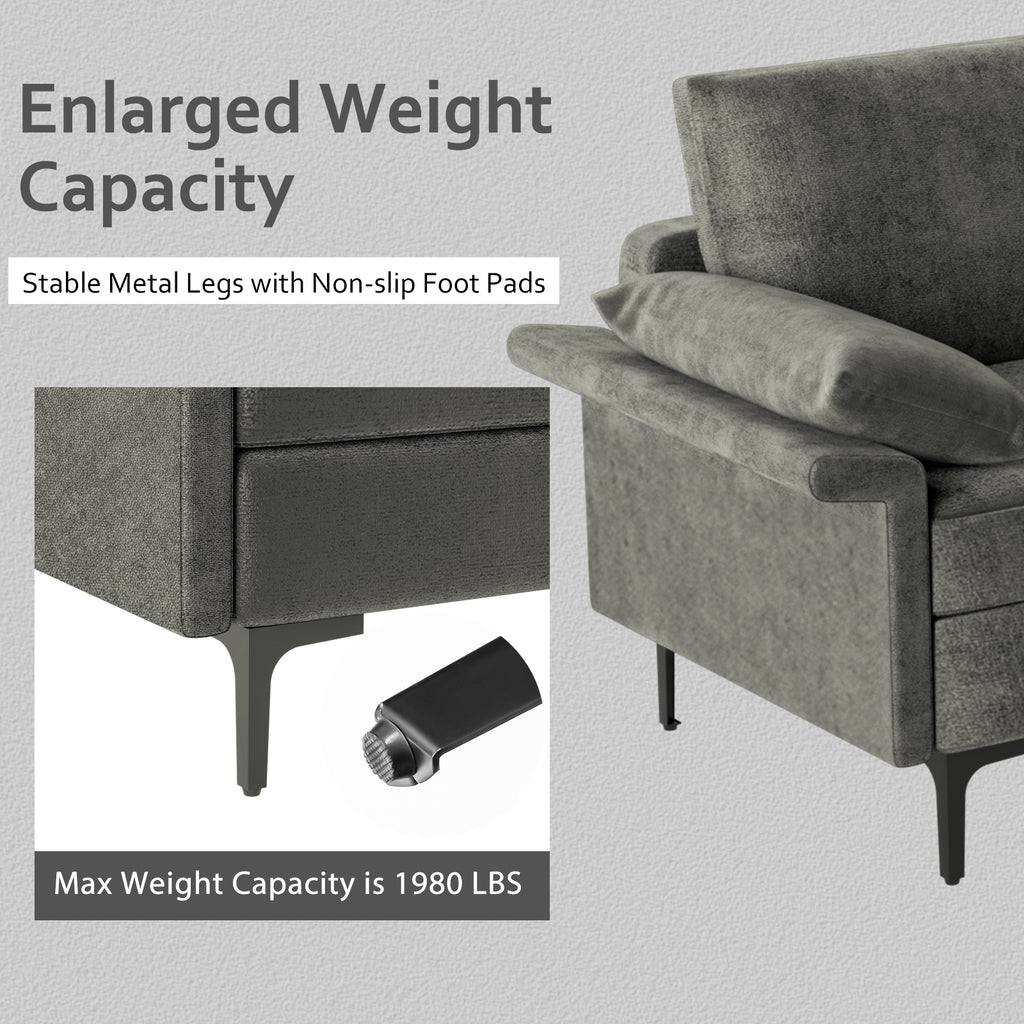 3-Seat Sofa with USB Ports and Metal Legs, Gray