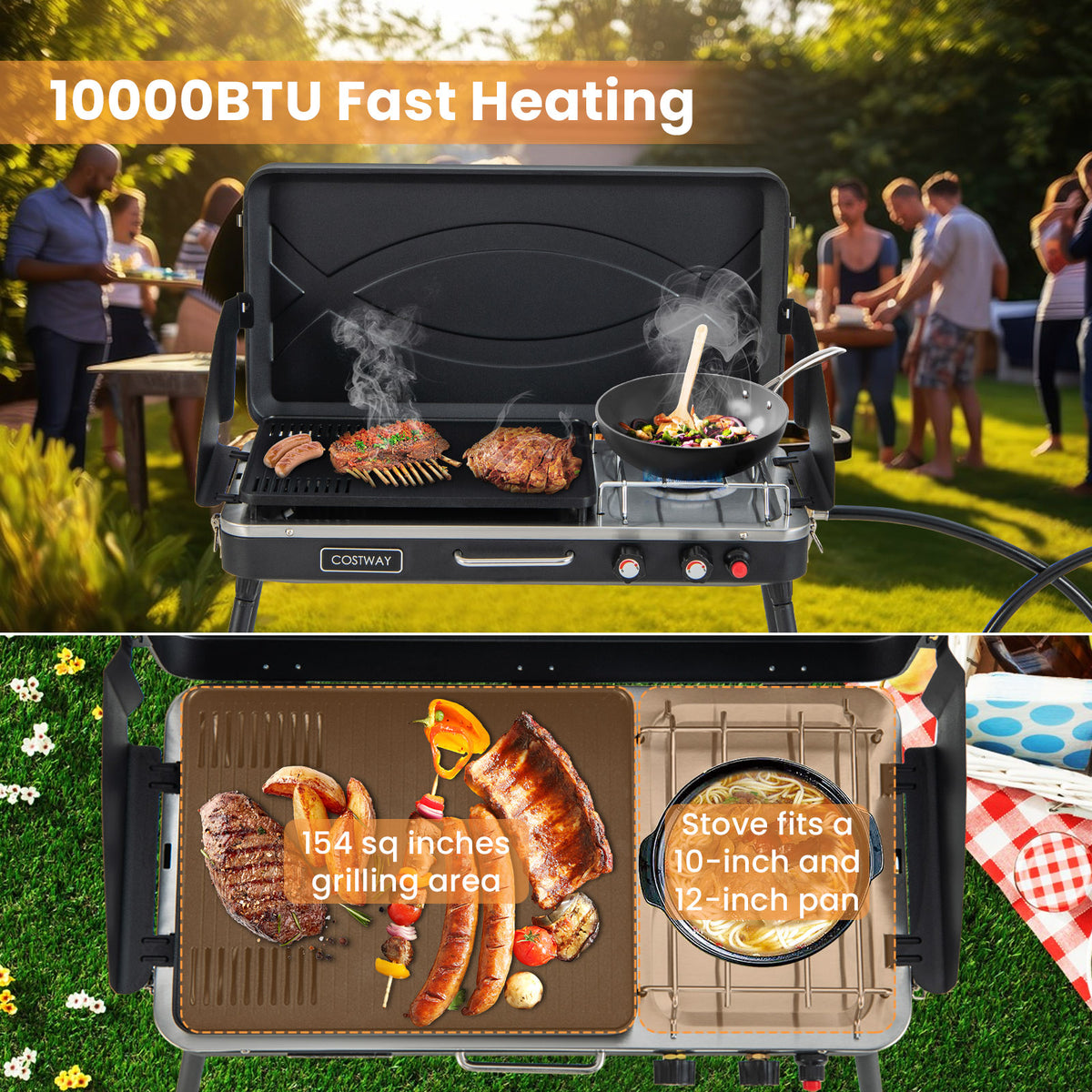 2-in-1 Camping Gas Grill and Stove with Detachable Legs - Black
