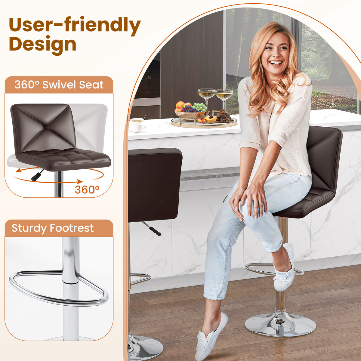 PU Leather Bar Stools Set of 2 with Back, Adjustable Height - Diamond Pattern, Brown