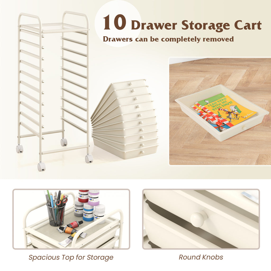 10 Drawer Rolling Storage Cart Organizer with 4 Universal Casters