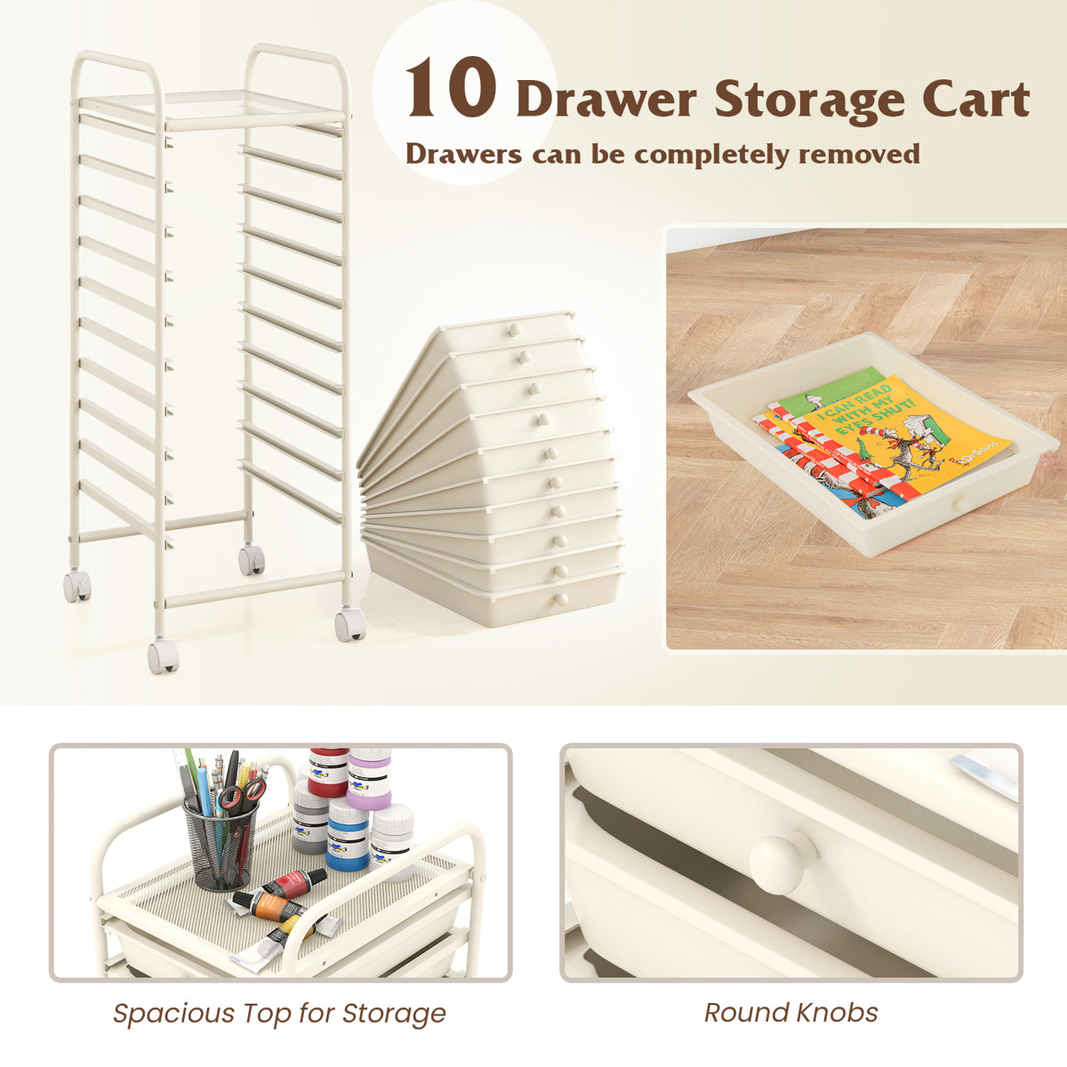 10 Drawer Rolling Storage Cart Organizer with 4 Universal Casters