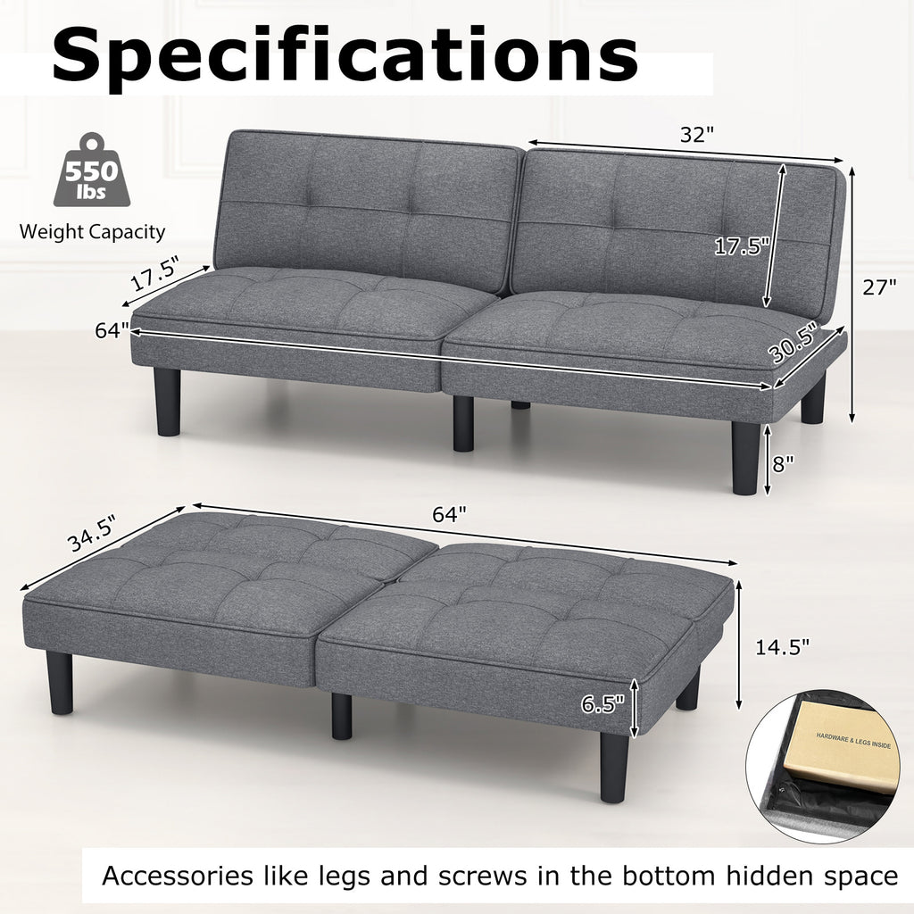Convertible Futon Sofa Bed with 6-Position Backrest - Gray