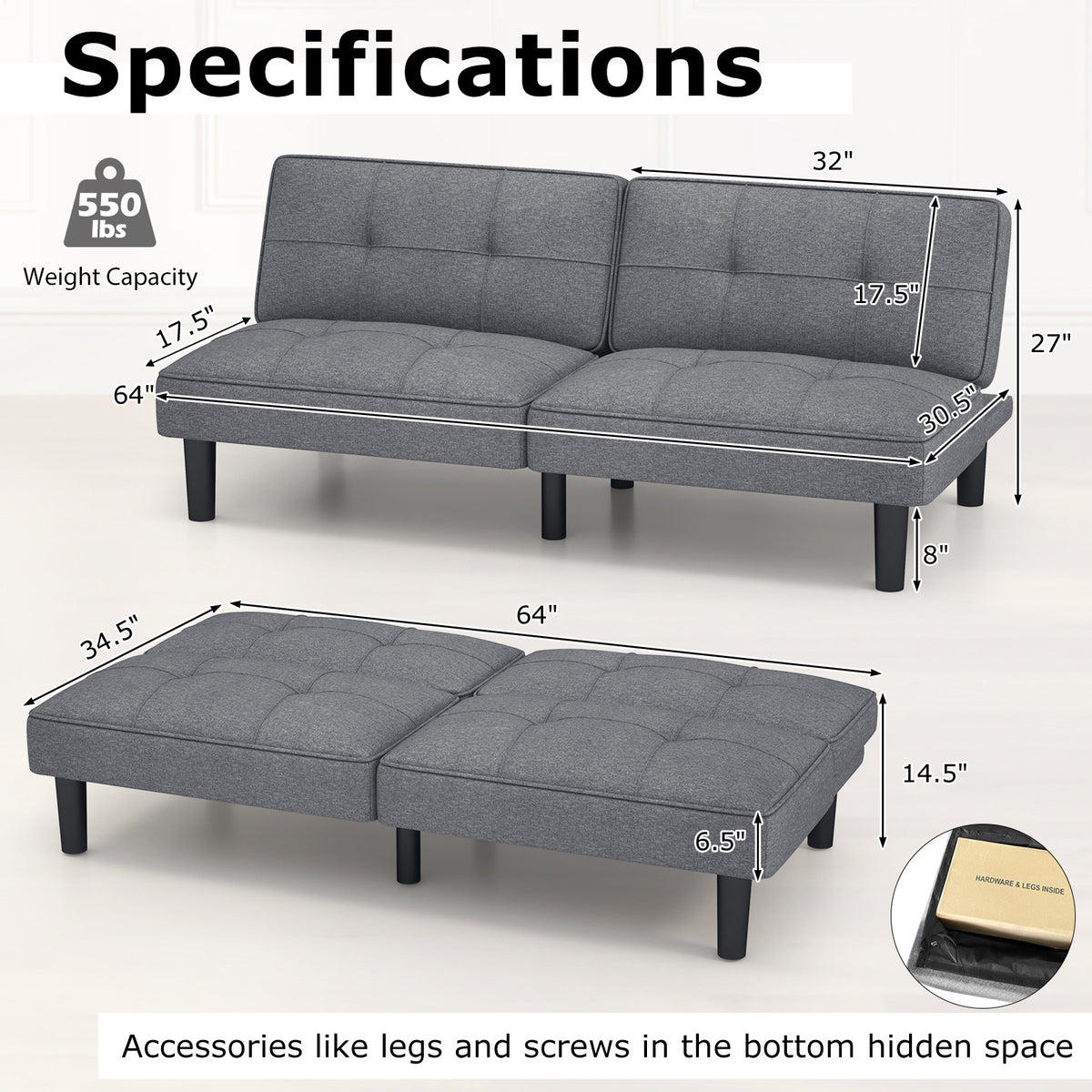 Convertible Futon Sofa Bed with 6-Position Backrest - Gray