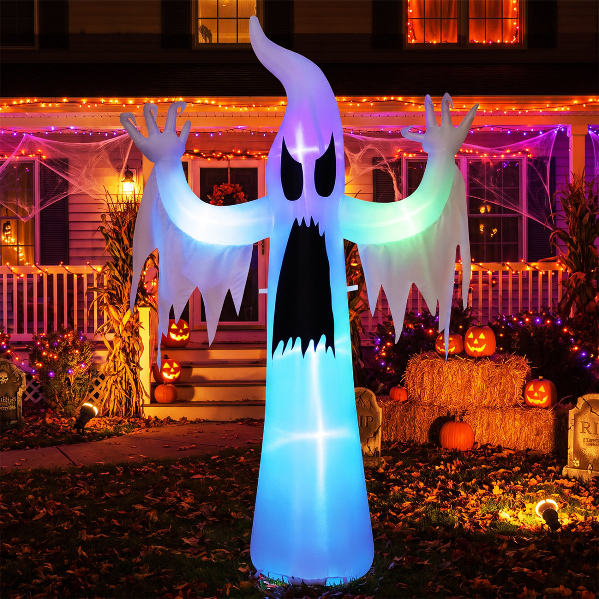 7.7 FT Tall Halloween Inflatable Ghost with RGB LED Lights - Outdoor Decoration