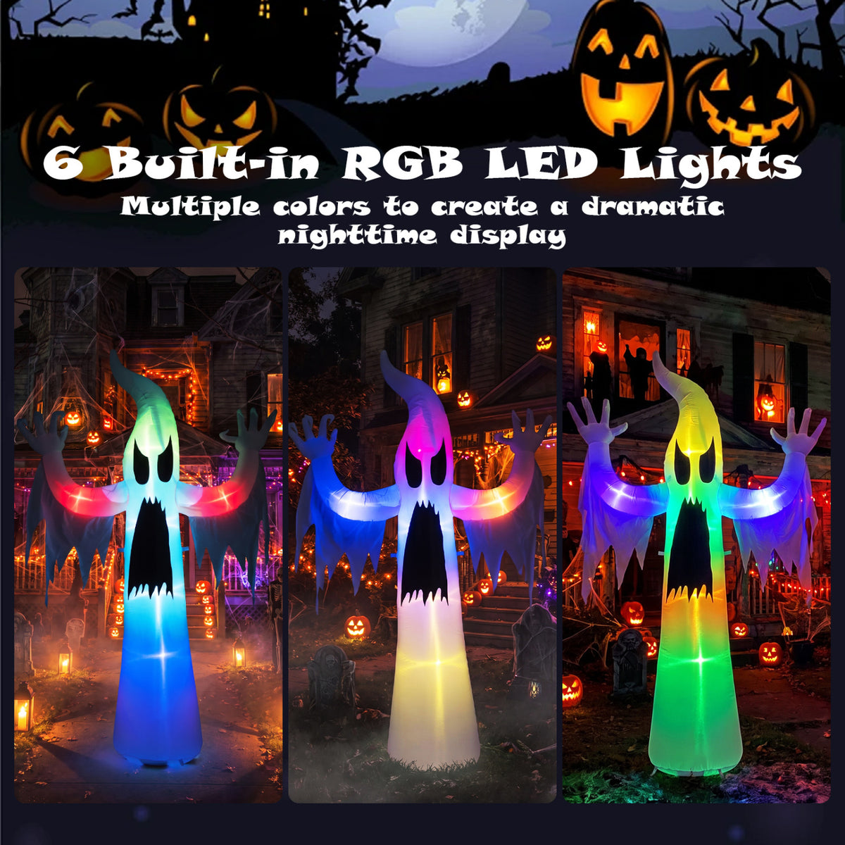 7.7 FT Tall Halloween Inflatable Ghost with RGB LED Lights - Outdoor Decoration