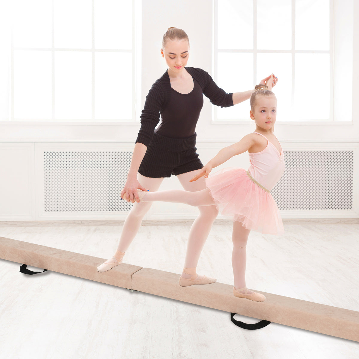 Folding Gymnastics Balance Beam with Anti-Slip Base, Pine Wood Frame - Brown Variation