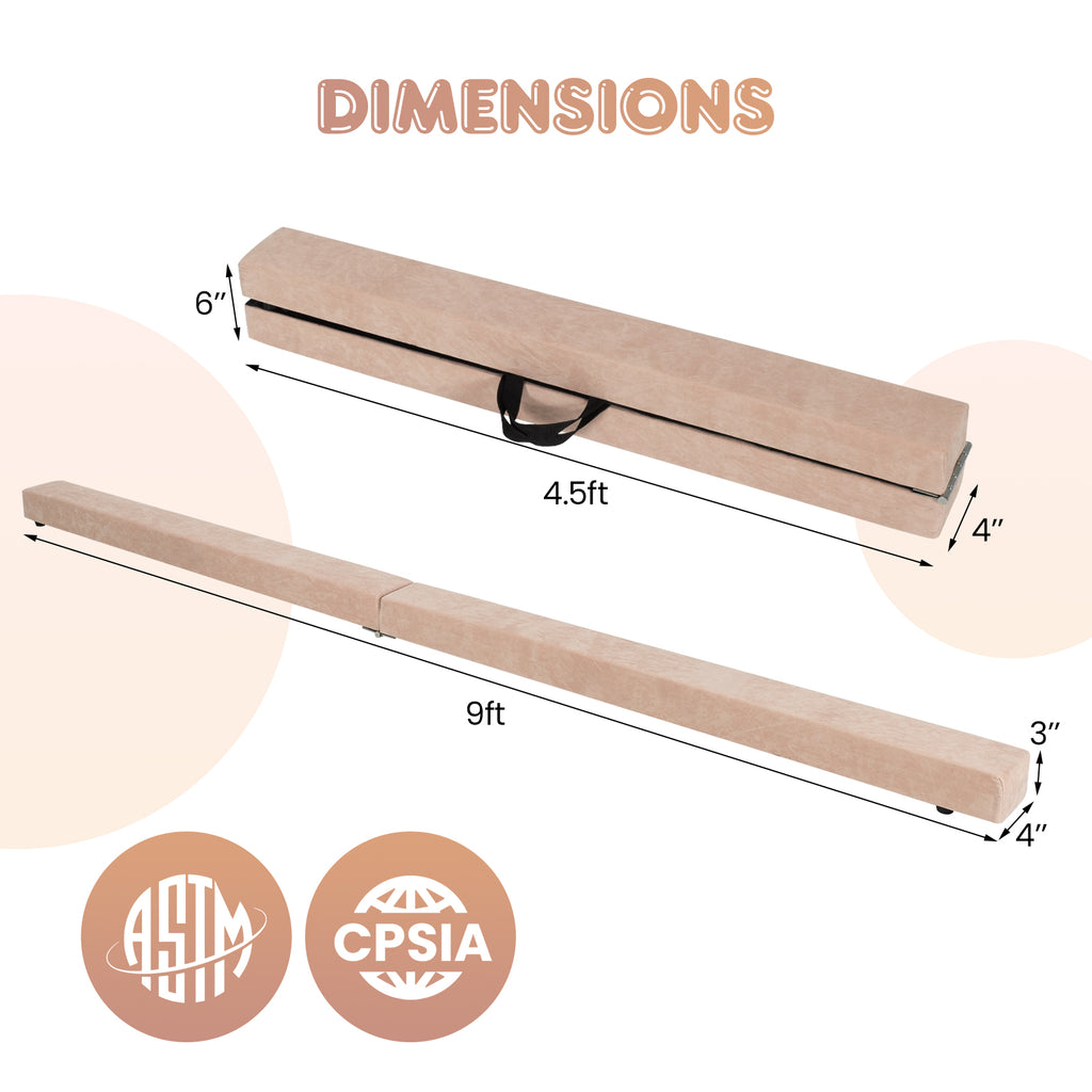 Folding Gymnastics Balance Beam with Anti-Slip Base, Pine Wood Frame - Brown Variation