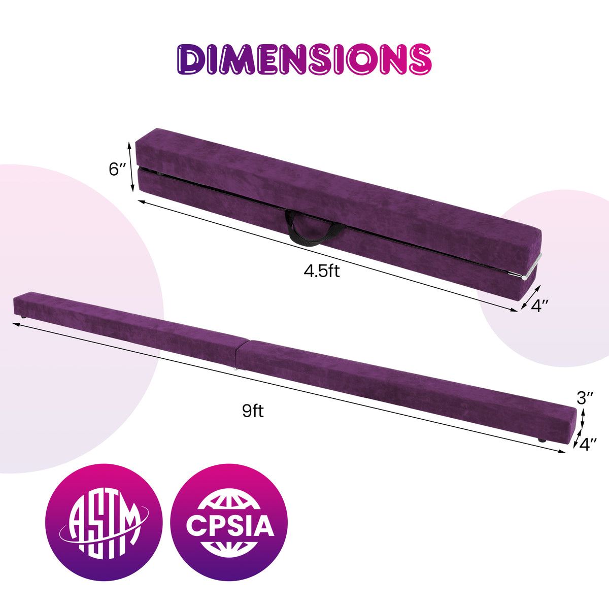 Purple Folding Gymnastics Balance Beam with Anti-Slip Base and Pine Frame - 9 FT
