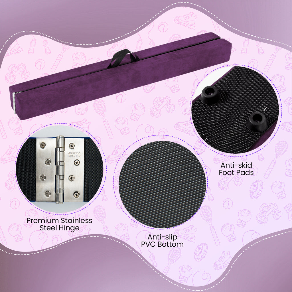 Purple Folding Gymnastics Balance Beam with Anti-Slip Base and Pine Frame - 9 FT