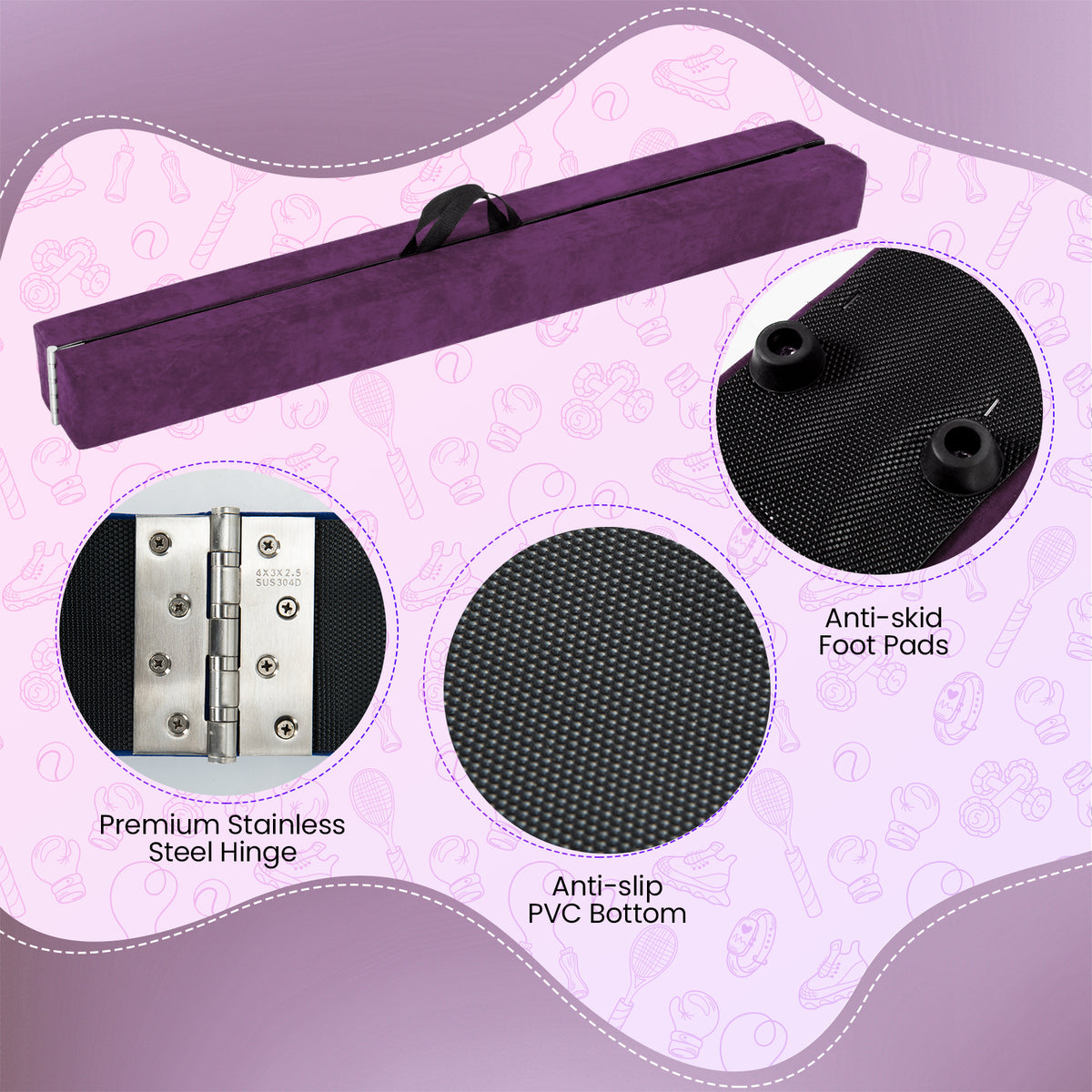 Purple Folding Gymnastics Balance Beam with Anti-Slip Base and Pine Frame - 9 FT
